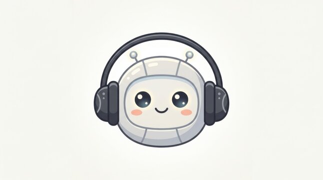 Cute happy robot head wearing large black headphones listening to music