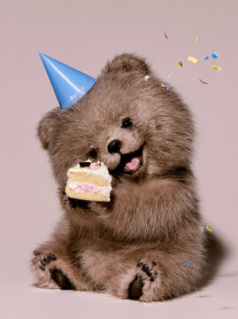 Cute original bear character celebrating birthday with cake and party hat, smiling while colorful confetti falls around it
