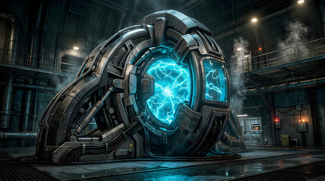 A futuristic sci fi machine with a glowing blue energy core inside a dark industrial laboratory setting