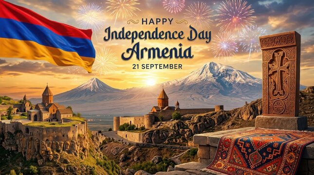 Armenia independence day celebration with khor virap monastery, mount ararat and traditional khachkar