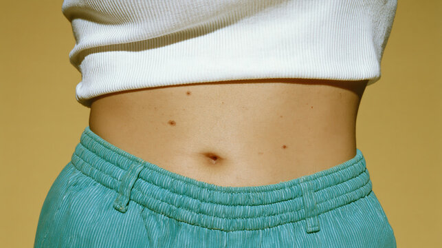 Natural body confidence concept showing anonymous adult torso, bare abdomen, white shirt and turquoise pants against yellow background