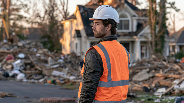 Construction worker wearing safety helmet and reflective vest surveys residential disaster recovery debris with concern after structural damage