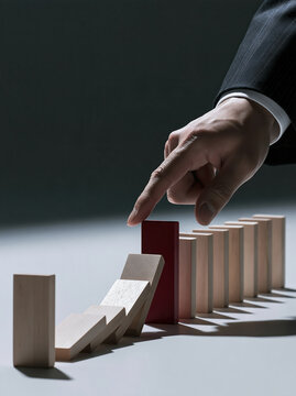 Business resilience concept featuring executive hand protecting wooden domino from collapse