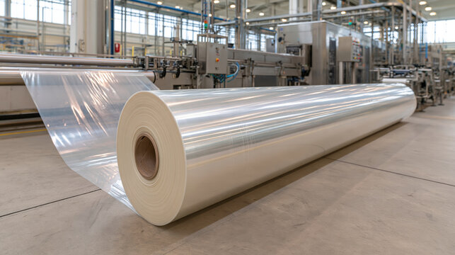 Plastic film production concept showing wide continuous transparent roll inside industrial manufacturing facility