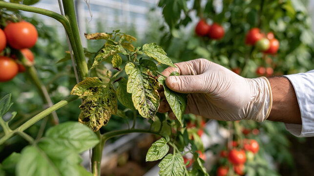 Tomato plant disease inspection by professional grower in greenhouse, examining damaged leaves for crop disease management and plant health