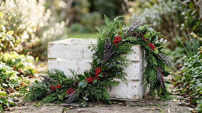 Decorative evergreen wreath on rustic wooden crate.