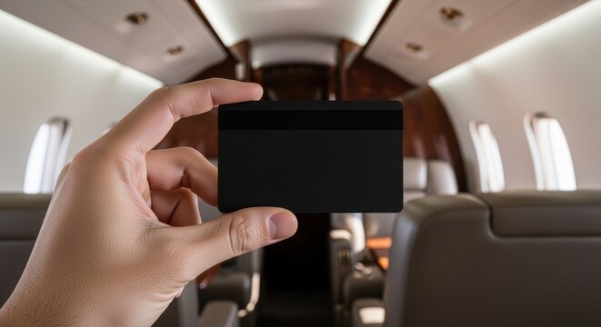 Person holding a black credit card inside a luxury private airplane cabin