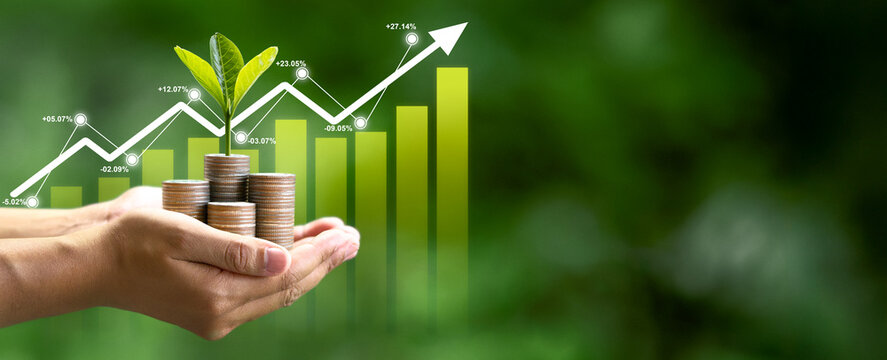 Human hands holding a coin with a seedling on top, financial growth charts and investment statistics, symbolizing sustainable investment, green technology, finance, banking and environmental awareness