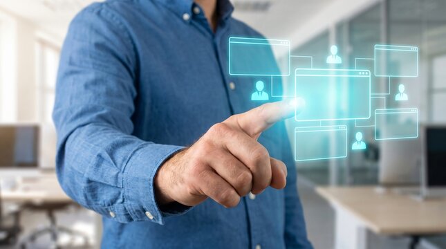 Businessman arm in blue shirt pointing at glowing cyan remote collaboration portal hologram with multi user windows on modern office background for virtual teamwork technology concept
