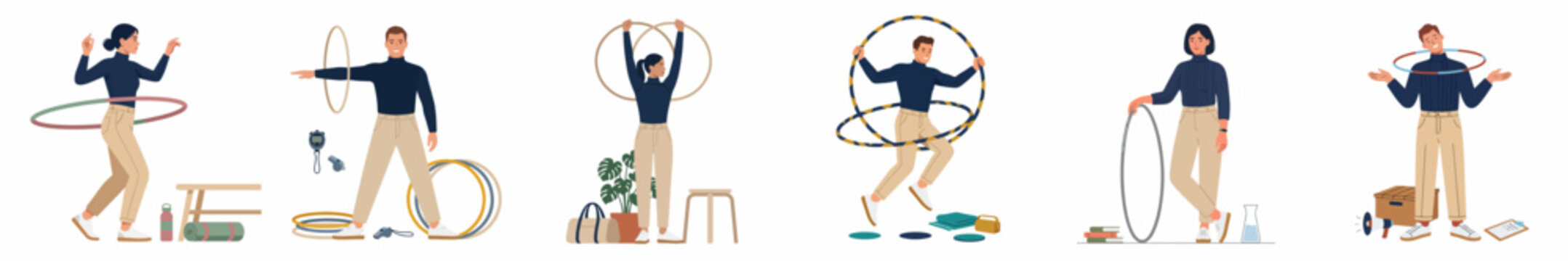Minimalist flat vector illustration set showing people performing various activities with hula hoops, symbolizing work-life balance and multitasking concepts.