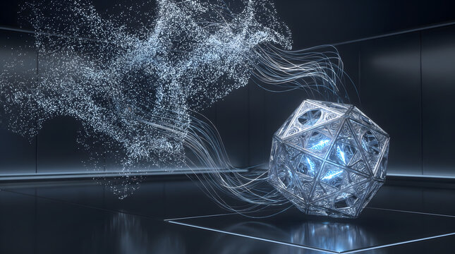 Glowing wireframe geometric sphere suspended in dark studio