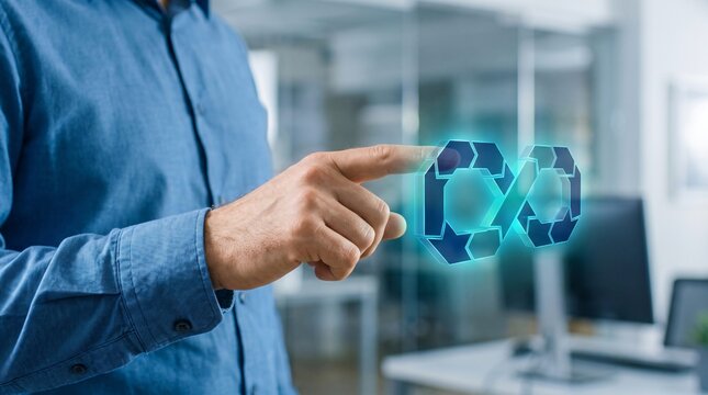 Businessman arm in blue shirt pointing at glowing blue green DevOps pipeline hologram with illuminated stages on modern office background for software development and continuous delivery concept