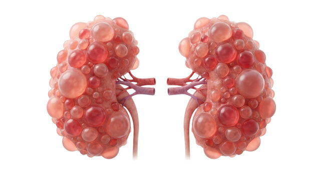Anatomical illustration of human kidneys affected by polycystic kidney disease showing multiple fluid filled cysts