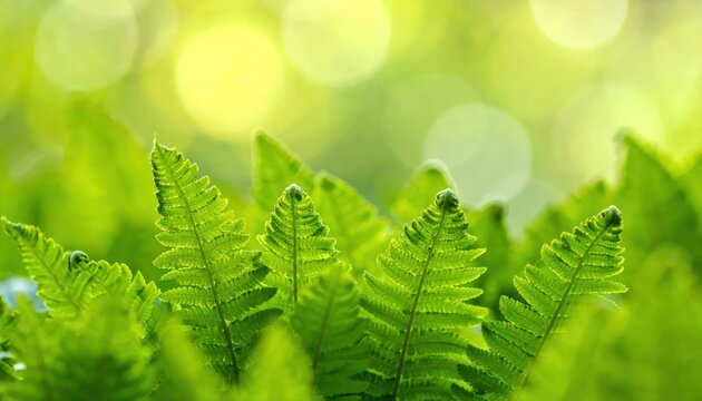 Vibrant green fern leaves in bright sunny forest light