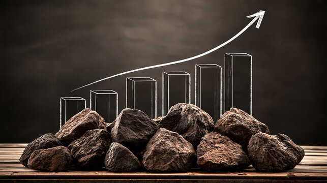 Commodity price growth concept featuring mineral ore pile, rising bar chart, and upward arrow on dark background