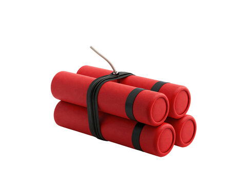 Bundle of red dynamite sticks with a fuse isolated on a white background
