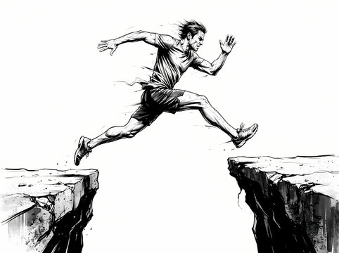 A determined man leaping across a wide gap in a dynamic black and white sketch.