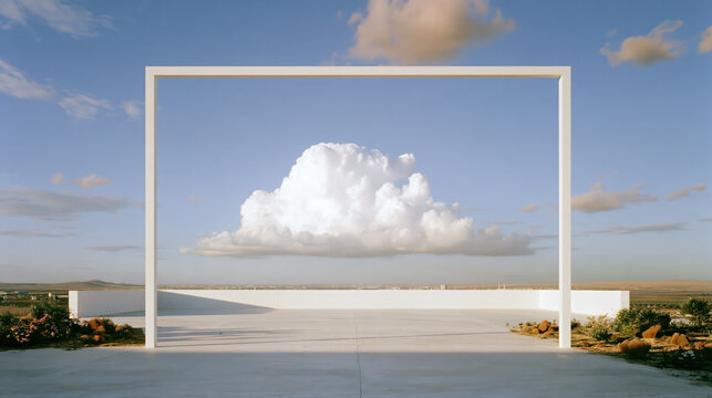 Minimalist architectural structure frames dramatic cloud above reflective terrace and tranquil desert landscape