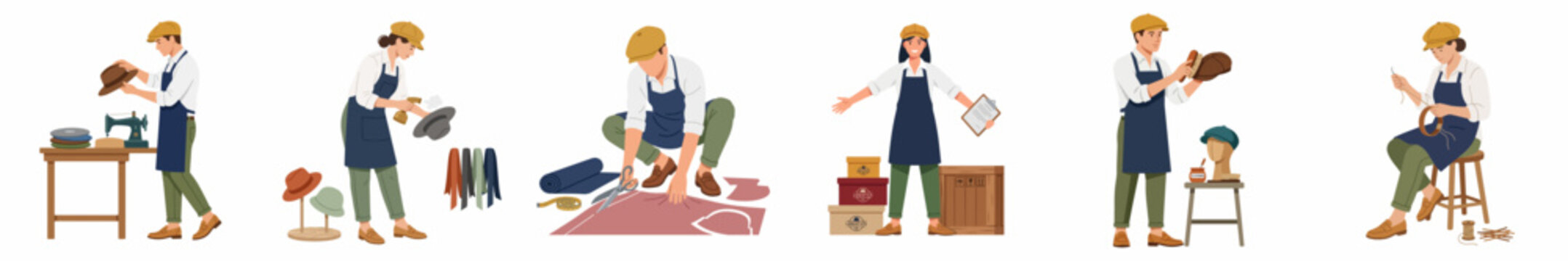 Set of diverse professional milliners and hat makers working in their workshops, creating and displaying various stylish headwear in a flat illustration style.