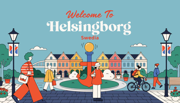 welcome to helsingborg sweden, colorful cityscape illustration