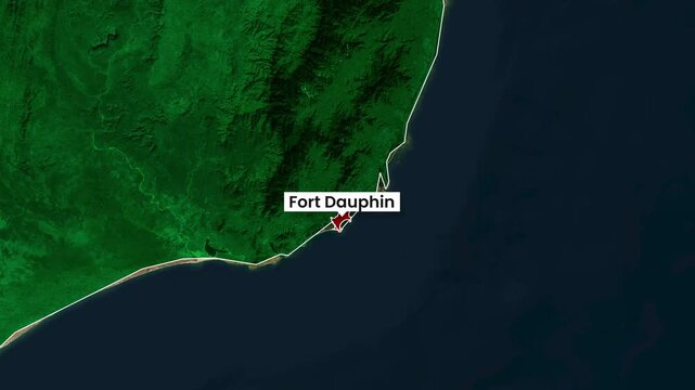 Fort Dauphin city location on map animating travel video footage