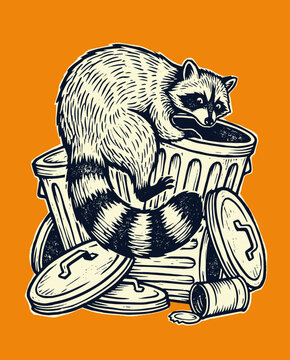 Hand-drawn Retro Linocut Illustration of a Scavenging Raccoon Hiding in Metal Trash Cans on a Vibrant Yellow Background