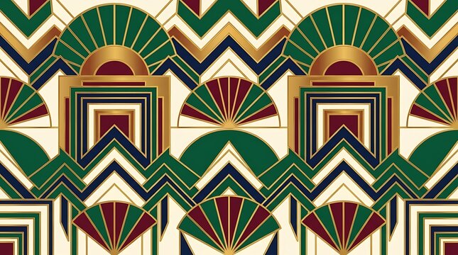 Art deco geometric pattern with green red
