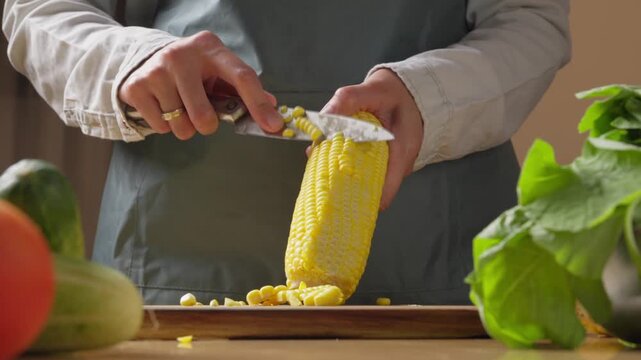 Fresh corn being cut from the cob with a knife