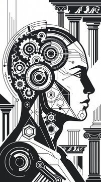 Abstract Mechanical Head with Gears and Architectural Elements in Monochrome.