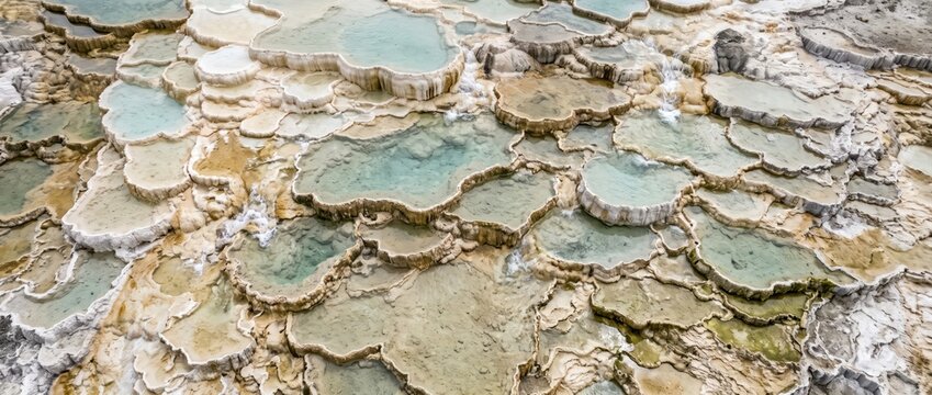 Terraced travertine pools with turquoise mineral water, layered limestone formations and geothermal deposits in a natural landscape, angle view of rocky basins