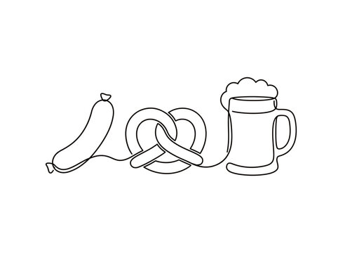 Minimalist vector illustration of Oktoberfest beer, pretzel, and sausage in single line art style.