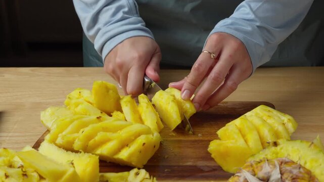 Slicing fresh juicy pineapple with a kitchen knife, in kitchen counter top