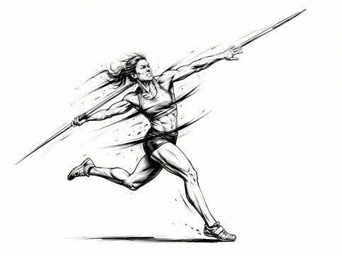 A dynamic black and white sketch of a female athlete throwing a javelin.