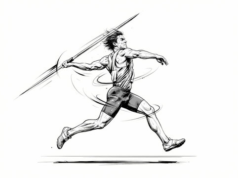 A dynamic black and white illustration of a male athlete performing a javelin throw.