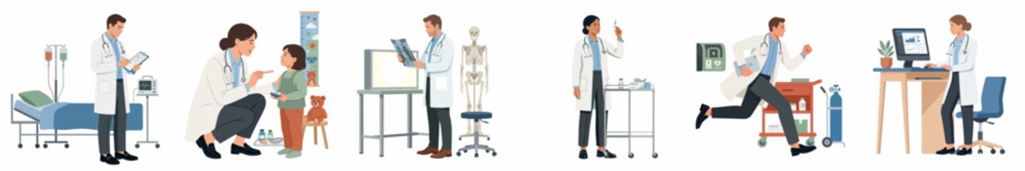 Obraz premium Flat vector illustration set showing diverse medical professionals including doctors and nurses performing various clinical duties in a hospital or clinic setting.