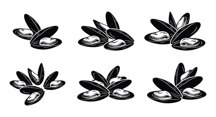 Black and white vector illustration of mussels in various arrangements © Md