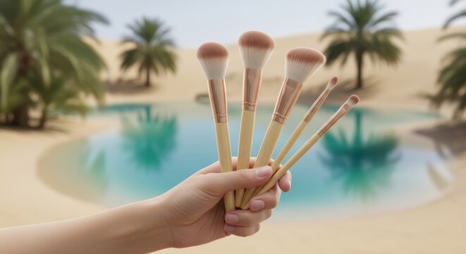 Hand holding makeup brushes by a tropical pool with palm trees