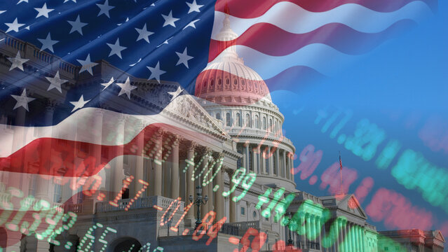 US government fiscal policy and national economy trends with the impact of political decisions combined with the United States Capitol building dome the United States national flag and glowing digital