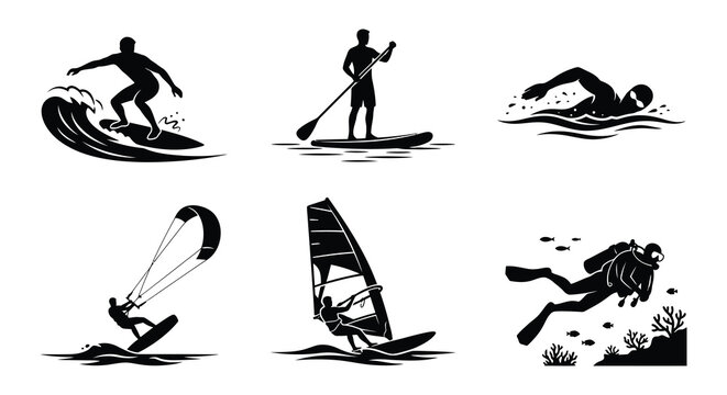 Silhouette collection of watersports equipment and wave on a white background