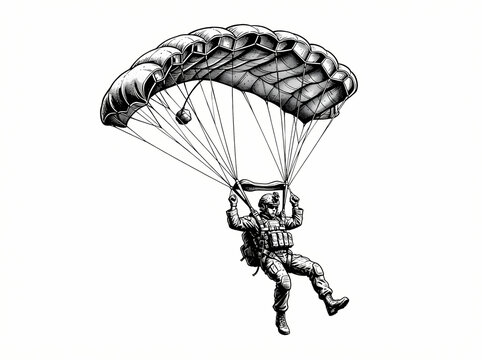 Detailed black and white illustration of a paratrooper descending with a parachute.