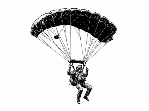 A detailed black and white illustration of a paratrooper descending with a parachute.