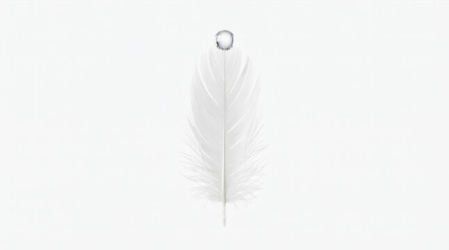 Minimalist white feather on white background, soft bird plume with water drop, elegant purity and weightless concept for spa and wellness