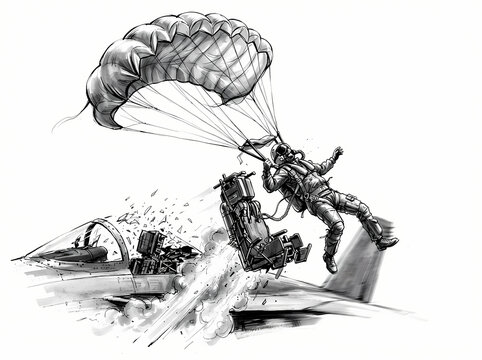 A dramatic black and white illustration of a pilot ejecting from a fighter jet.