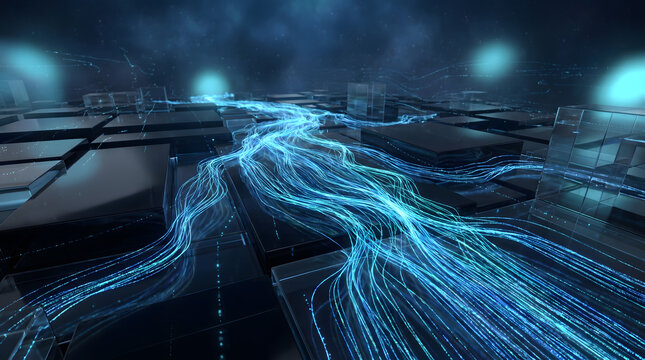 High speed digital light trails surging along futuristic floor grid