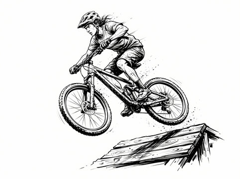 Black and white illustration of a mountain biker jumping off a wooden ramp.