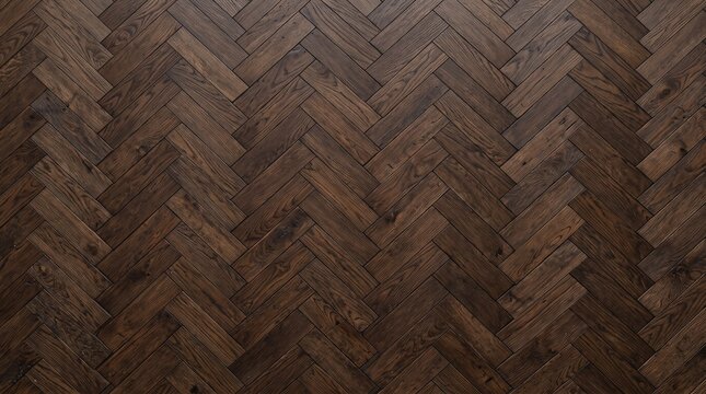 Dark herringbone wood parquet texture, seamless brown timber floor pattern, rustic wooden plank background for interior design and architectural 3D rendering