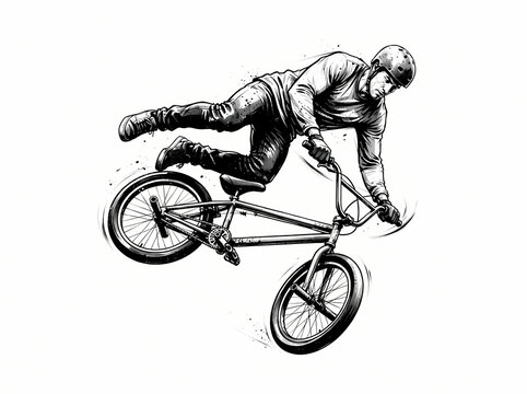 Dynamic black and white illustration of a BMX rider performing an aerial stunt.