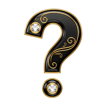 Elegant black question mark with gemstones and decorative swirls
