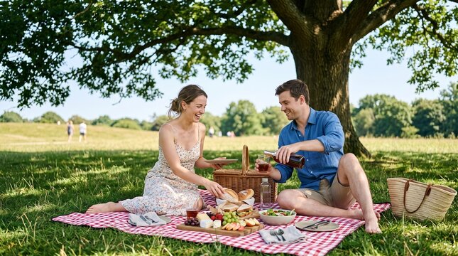 Happy couple enjoying romantic picnic in green park