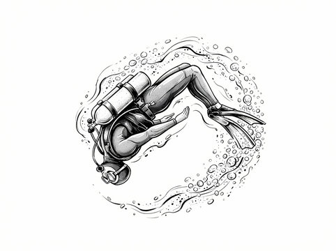 Detailed black and white illustration of a scuba diver swimming underwater.